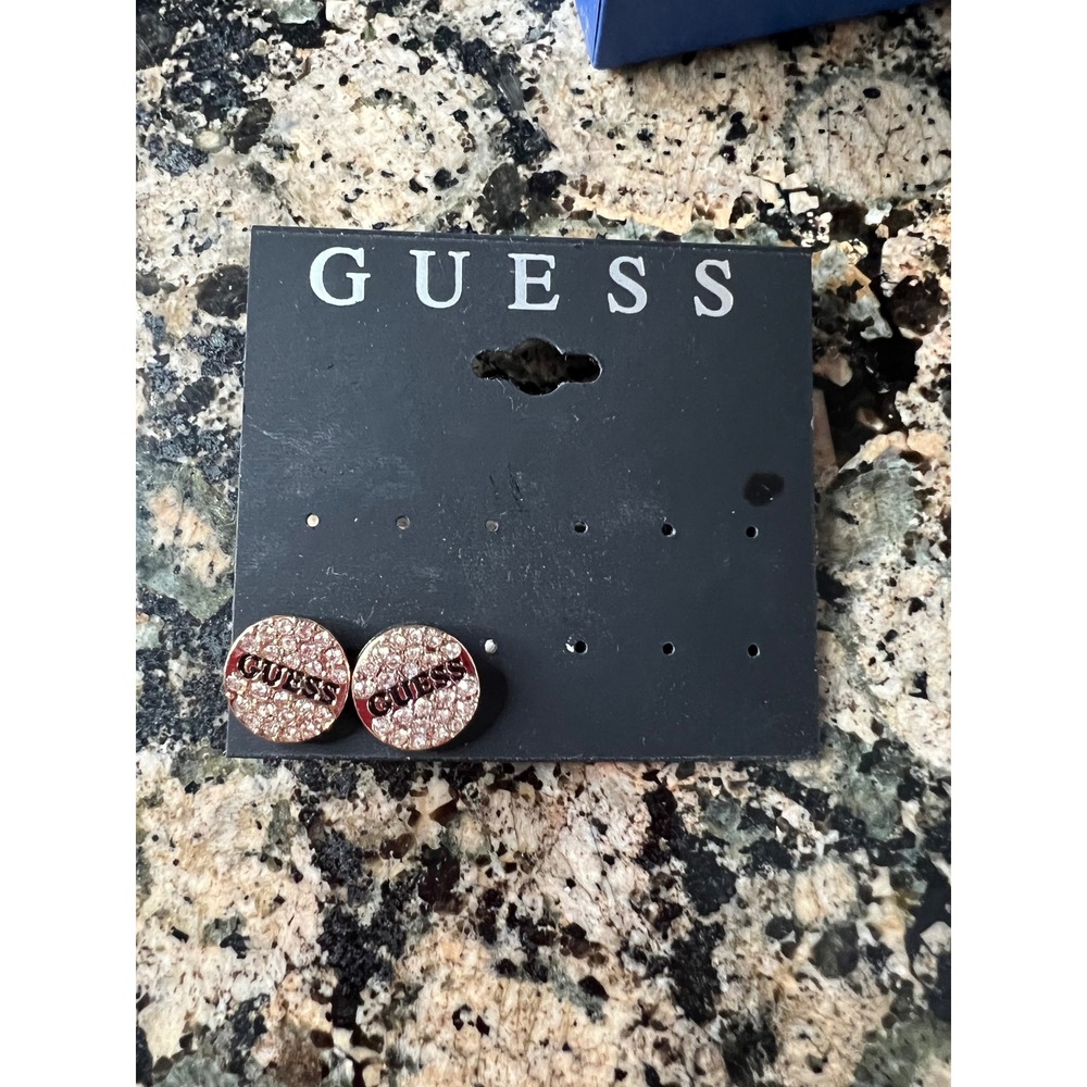 Guess Rose Gold Tone Pave Crystal Logo Stud Earrings E171205 C4GR Womens